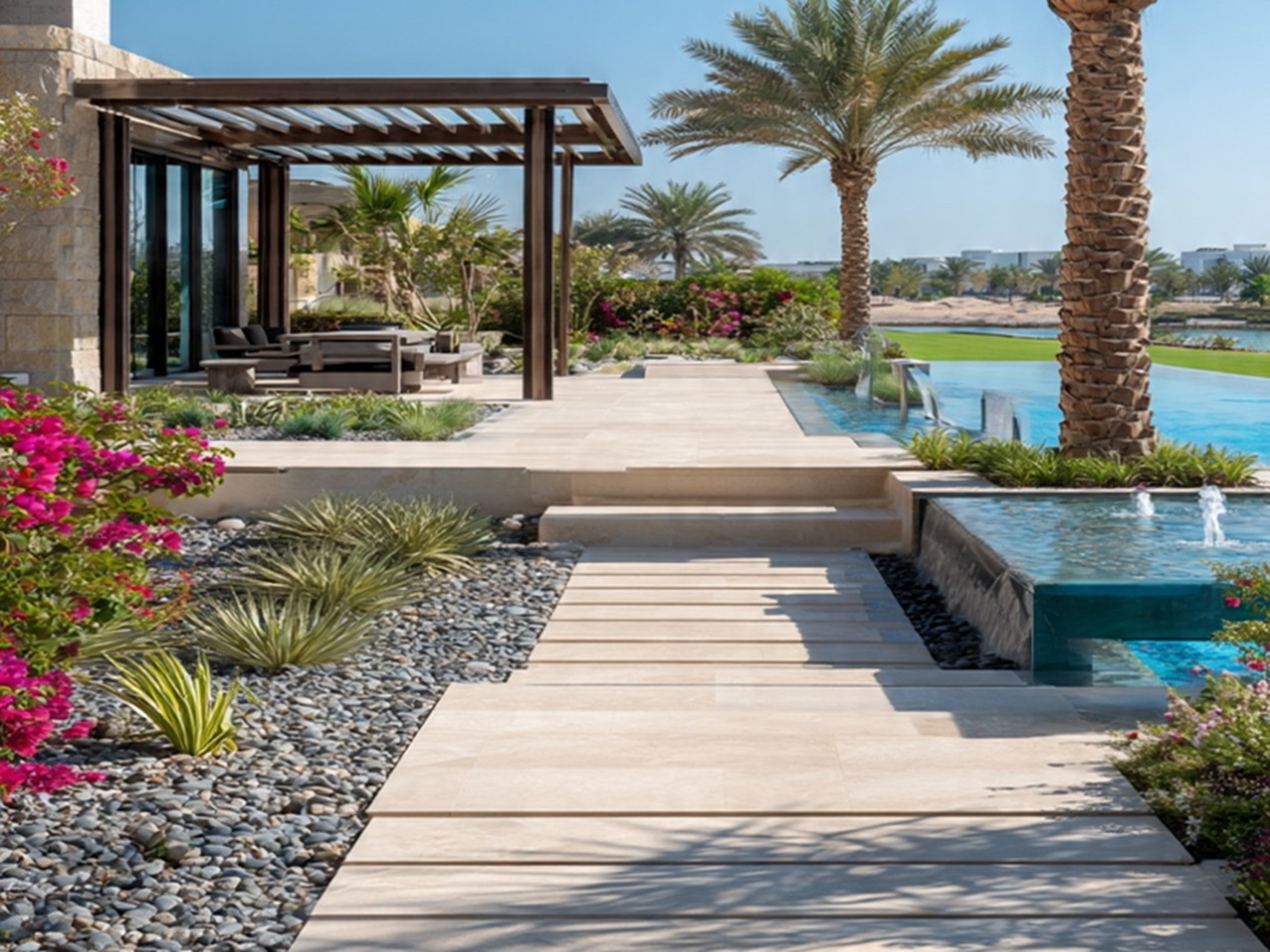 Modern luxury swimming pool design and landscaping in Dubai