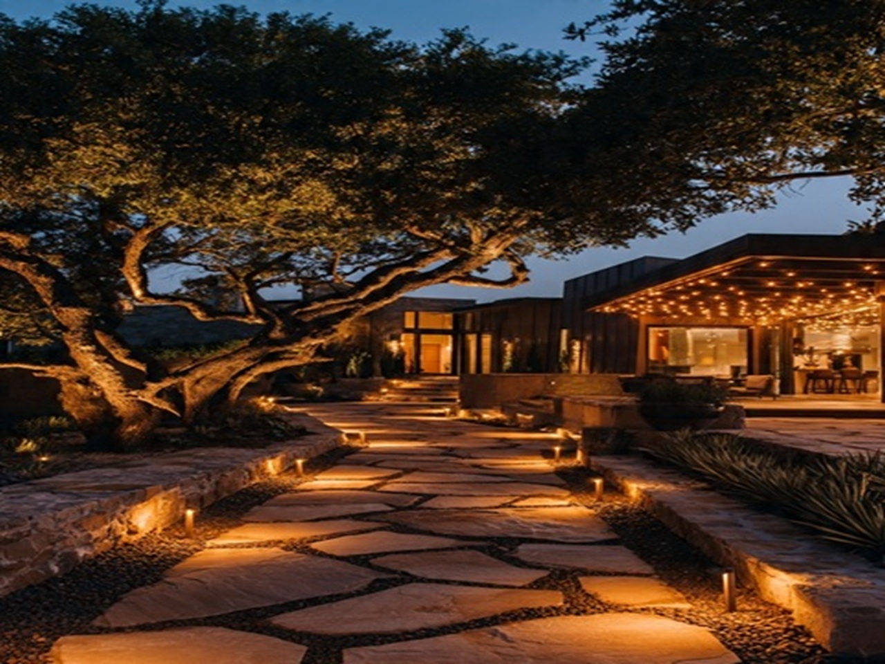 Modern luxury hardscaping night view in Dubai